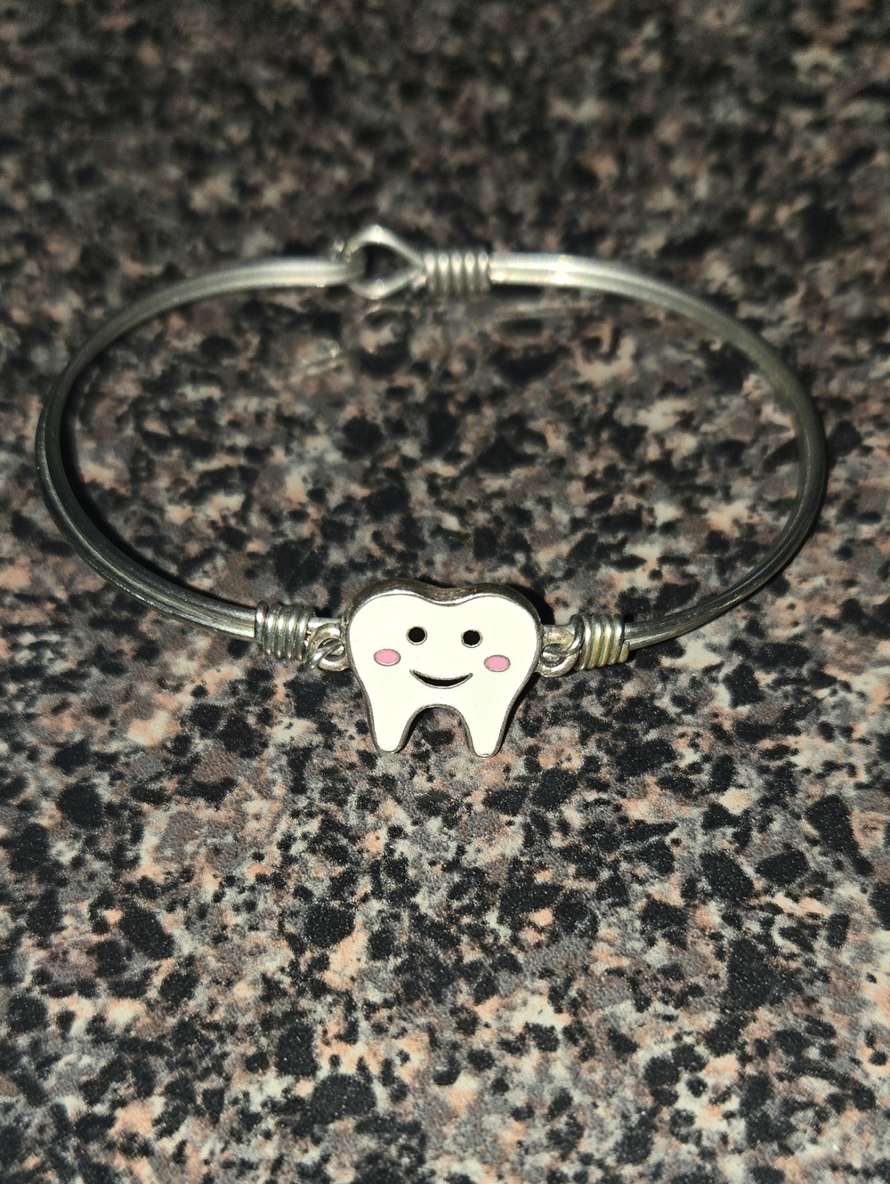 Cute Tooth Charm Bangle Bracelet in White and Silver